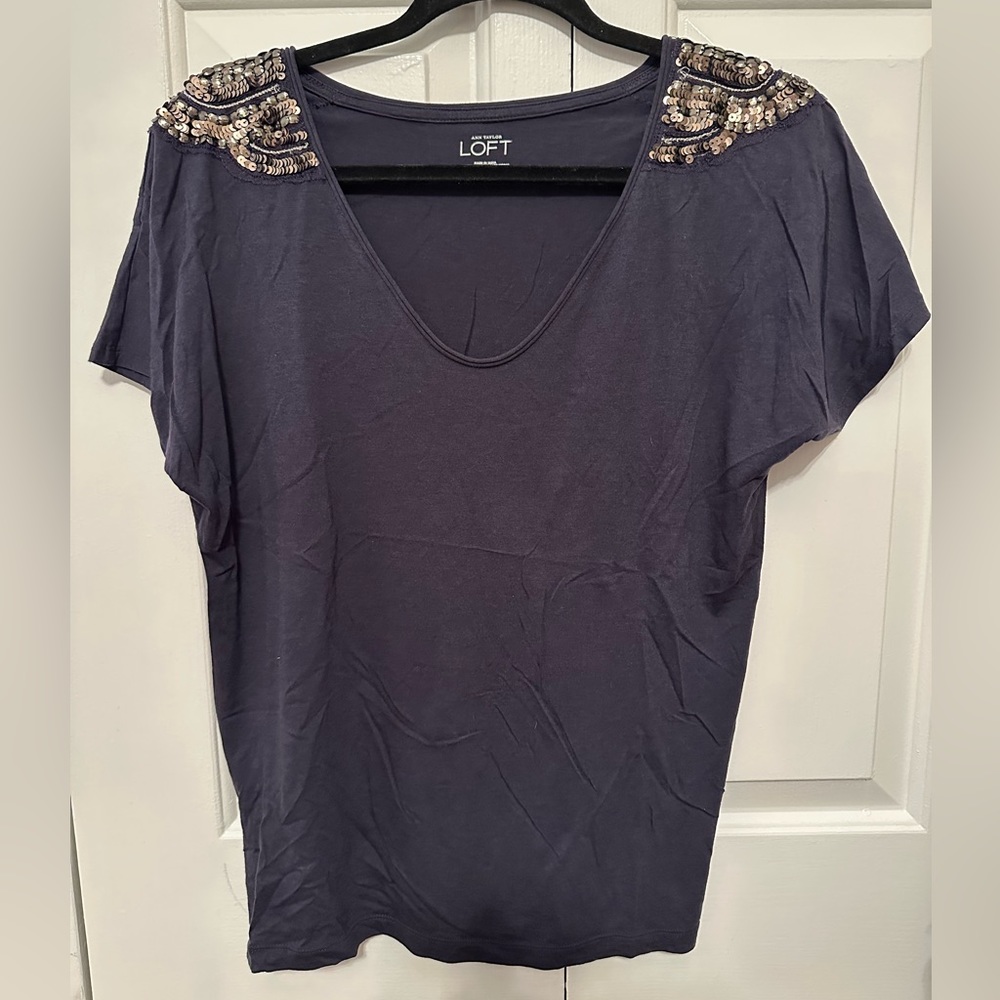 LOFT - Embellished Shoulder Navy T-Shirt - S